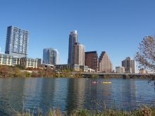 Canoes on Lady Bird Lake with Downtown Austin Skyline