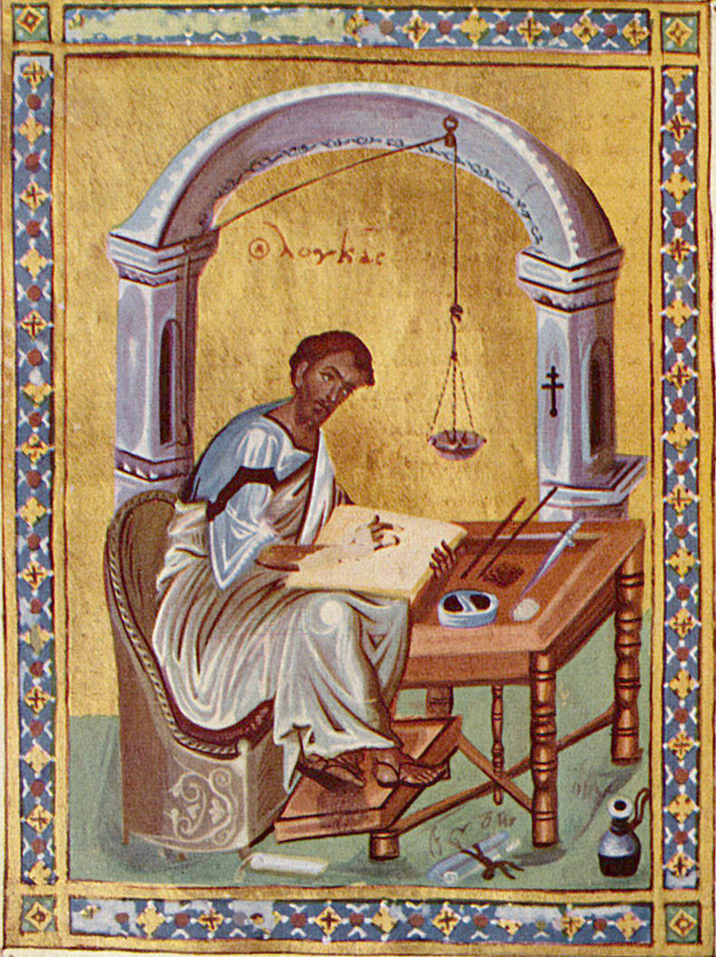 Saint Luke writing using a oil lamp