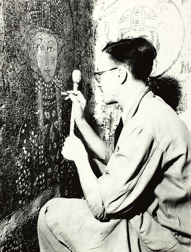 Restorer working on mosaic in Hagia Sophia