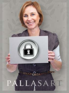 A woman holding a secure symbol