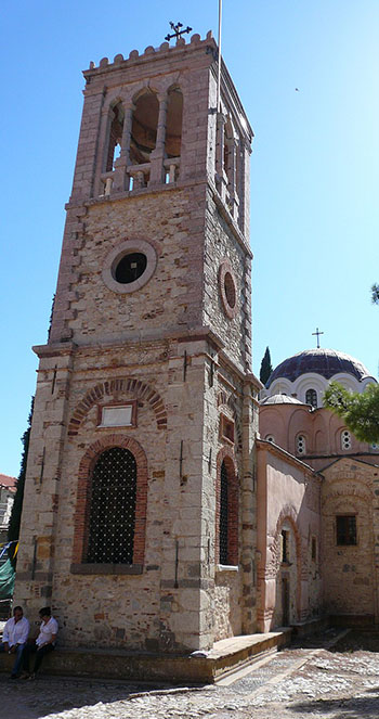view of the bell tower at Nea Moni