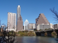 View of Austin Downtown from South Shore just west of Congress Ave. Bridge