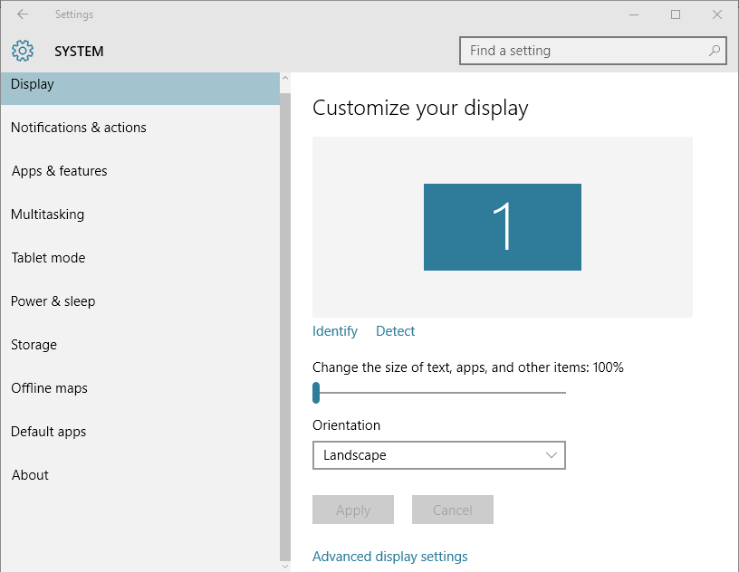 Windows 10 System Display Settings - Display Scaling
