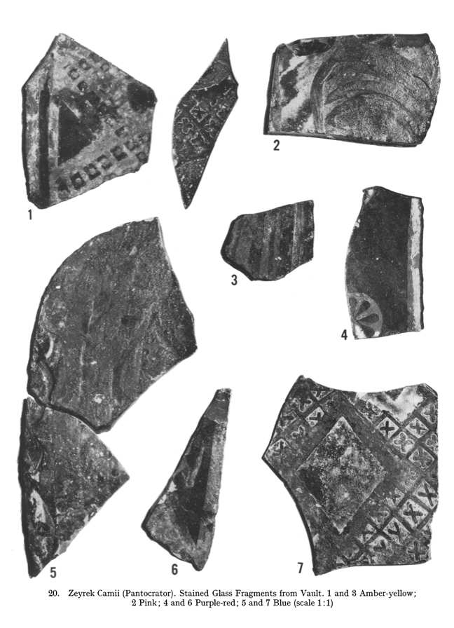 Stained glass fragments from the roof of the Pantokrator